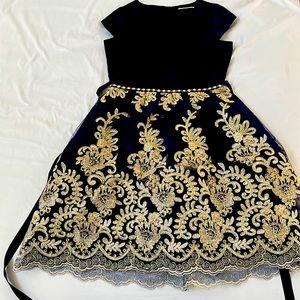 Rare Edition Size 16 Navy Blue gold  mesh dress. Jeweled at waistline.